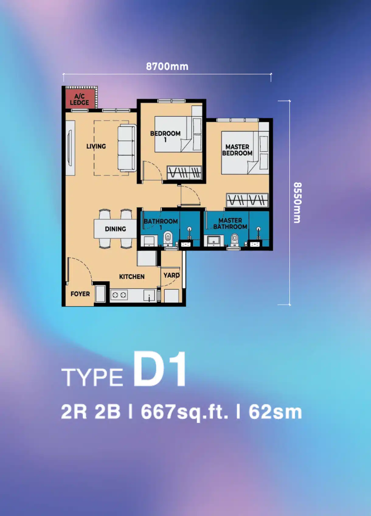 2 Bedroom D1 floor layout