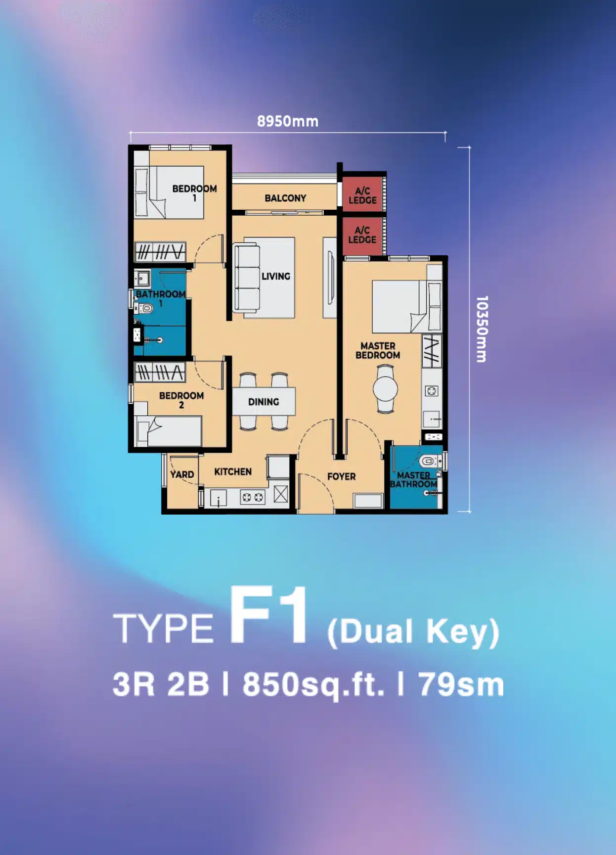 3 Bedroom Dual Key F1 floor layout