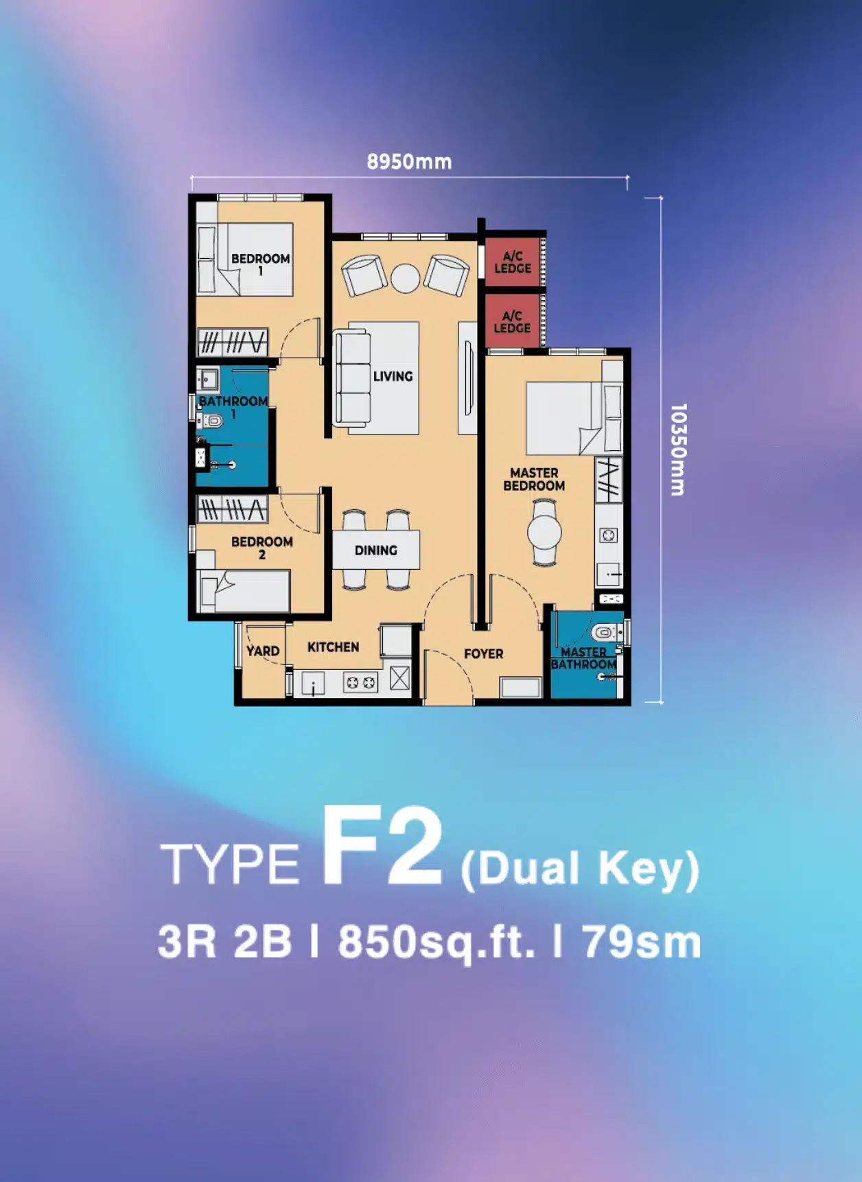 3 Bedroom Dual Key F2 floor layout